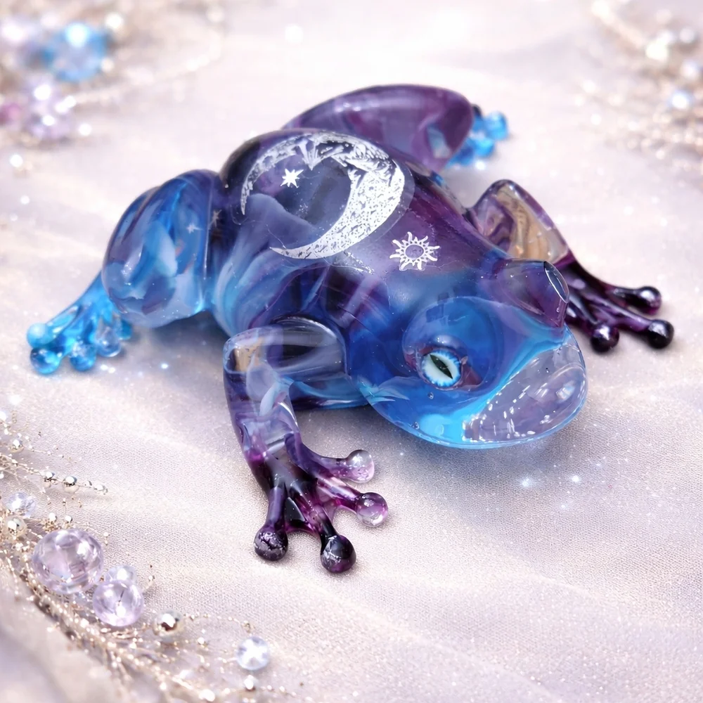 Moon And Stars Resin Frog With Swirls Of Blue And Purple